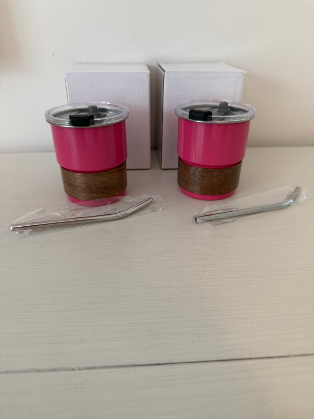 Set of 2 Pink Mini Tumbler with Wood Accent - brand new!